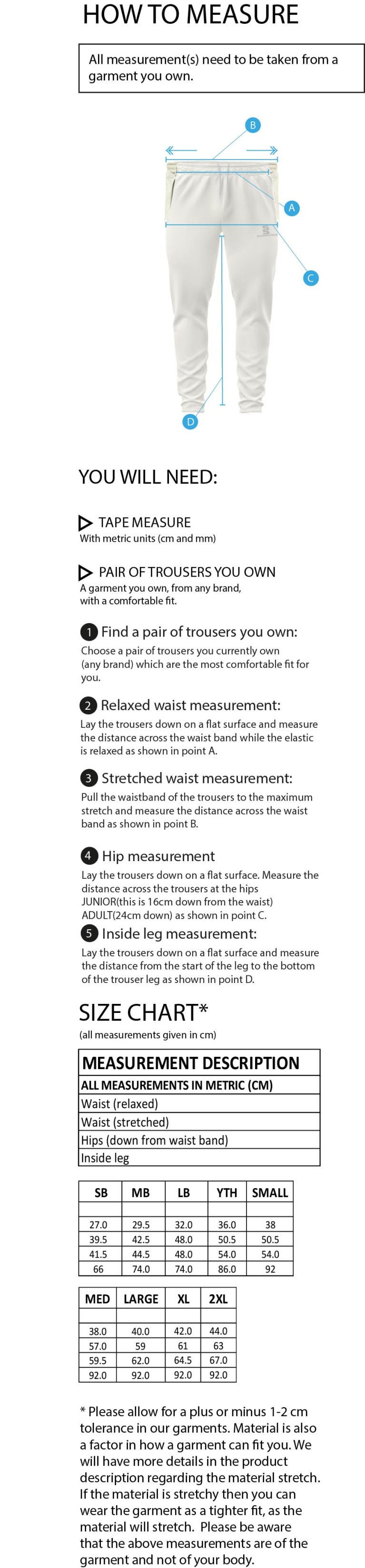 Long Lee CC - Coloured Cricket Trousers - Size Guide