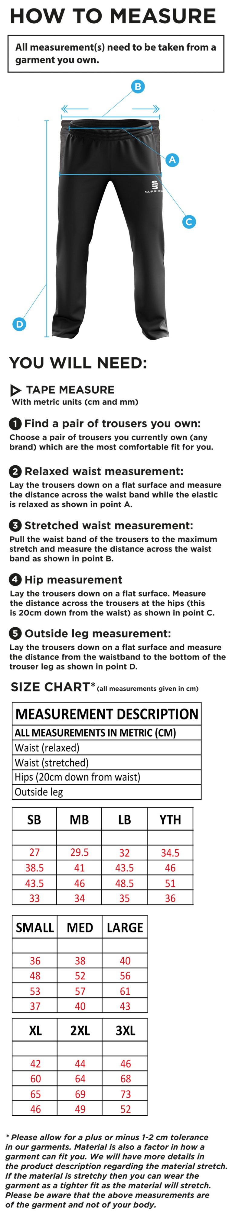 Long Lee CC - Tracksuit Pant - Size Guide