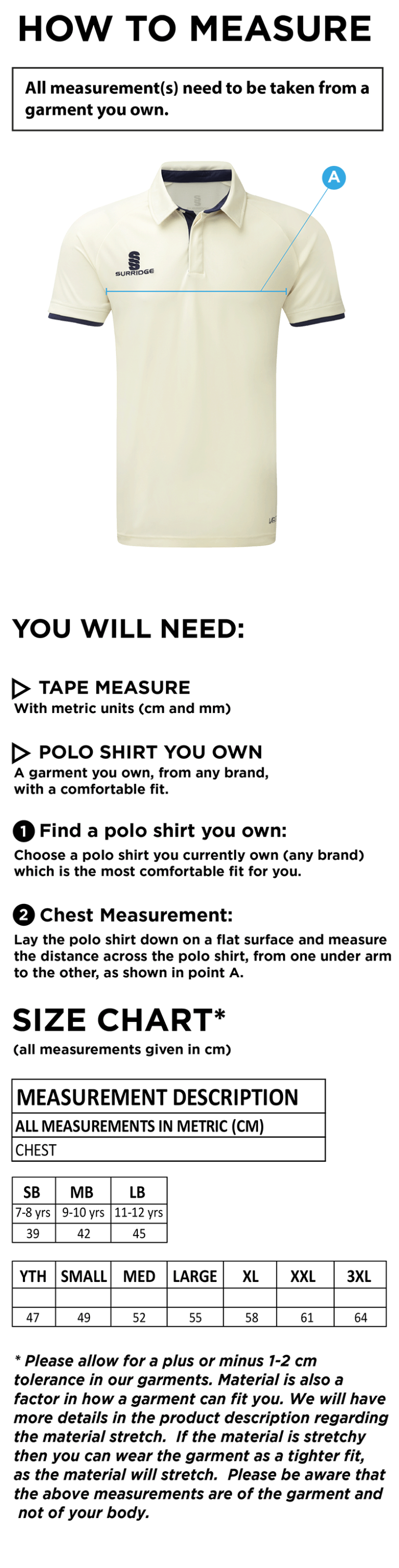 Long Lee CC - Ergo S/S Playing Shirt - Size Guide