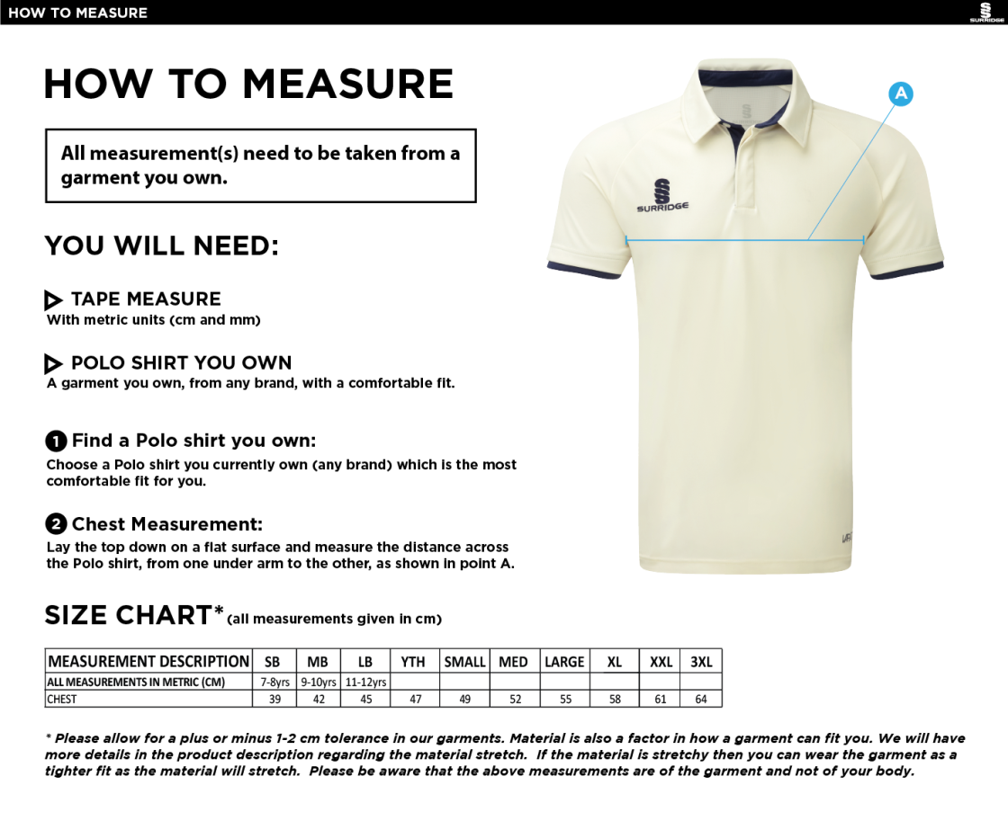 Long Lee CC - Ergo S/S Playing Shirt - Size Guide