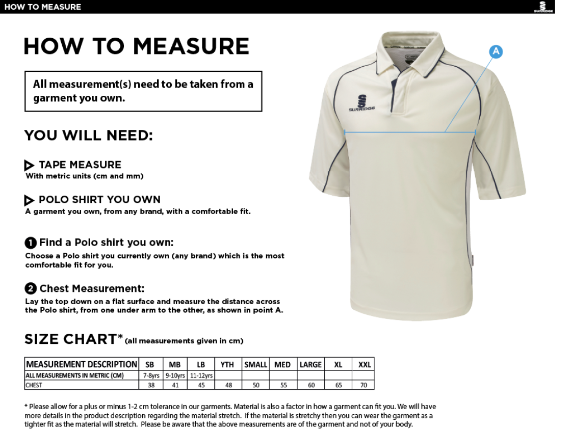 Long Lee CC - Premier 3/4 sleeved Playing Shirt - Size Guide