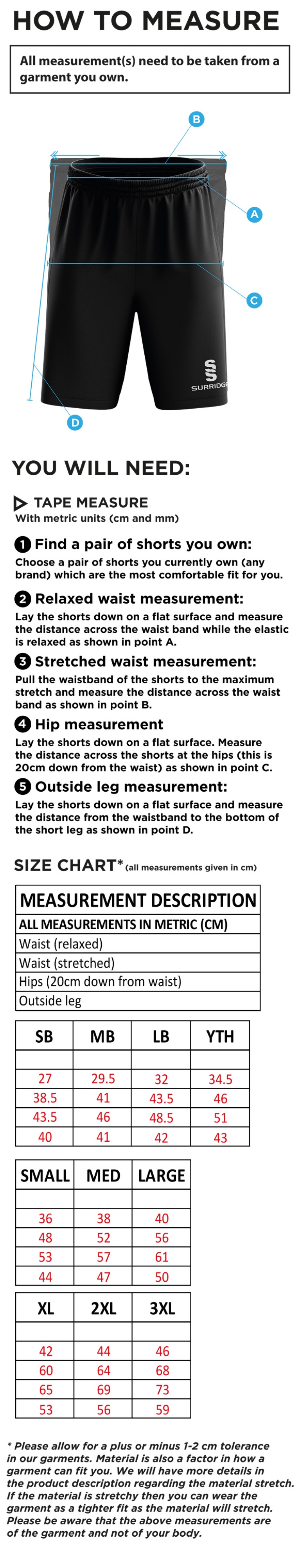 Long Lee CC - Ripstop Pocketed Shorts - Size Guide