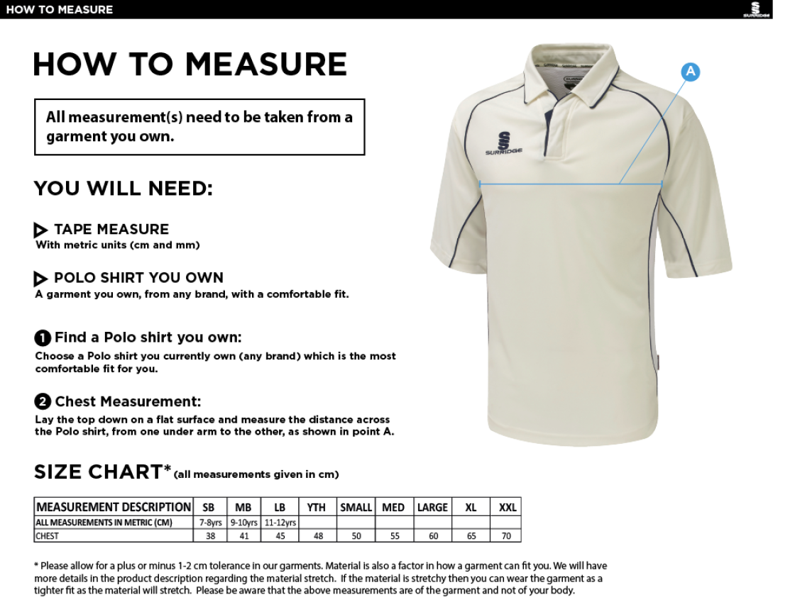 Long Lee CC - Premier 3/4 sleeved Playing Shirt - Size Guide