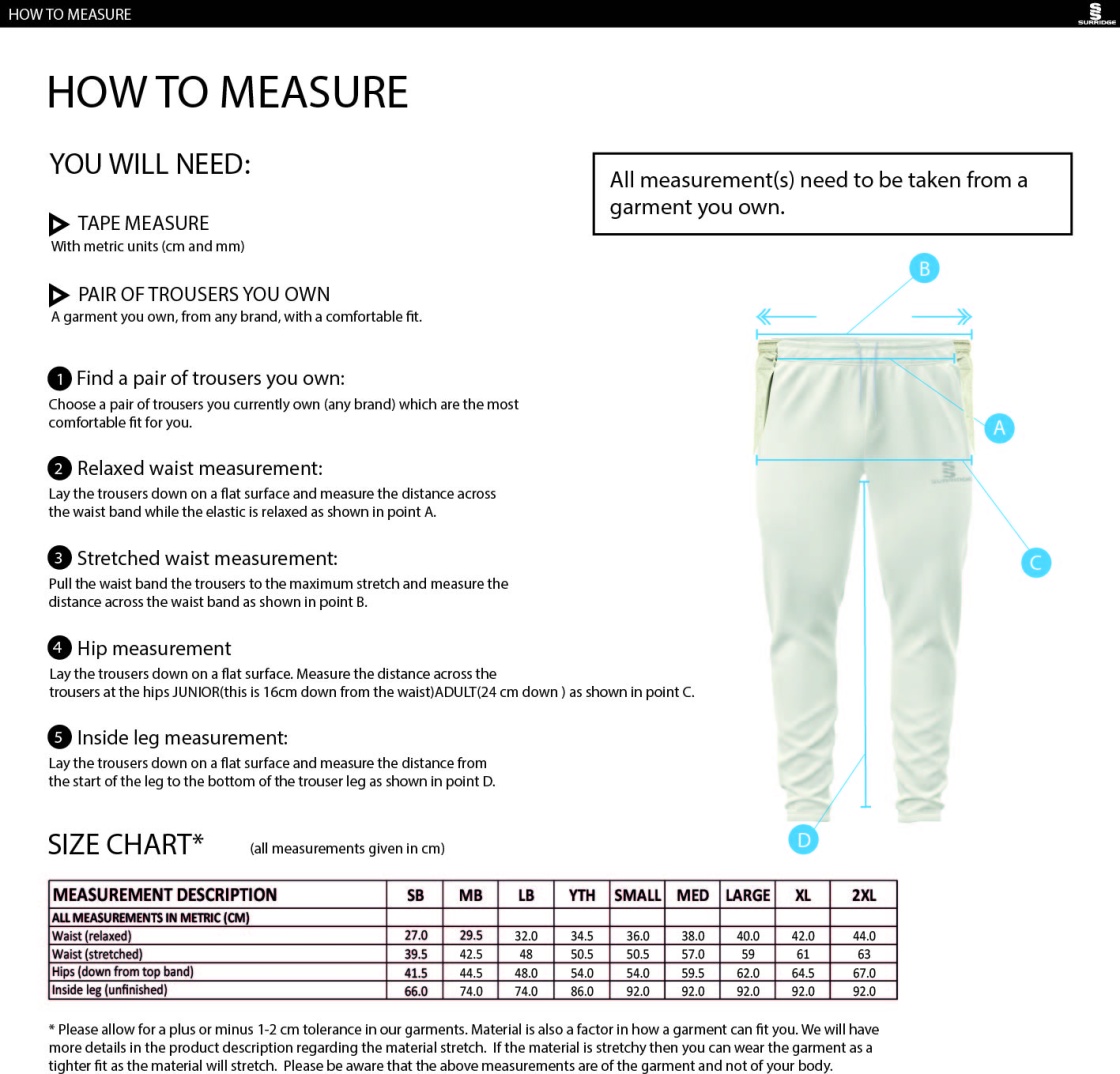 Long Lee CC - Coloured Cricket Trousers - Size Guide