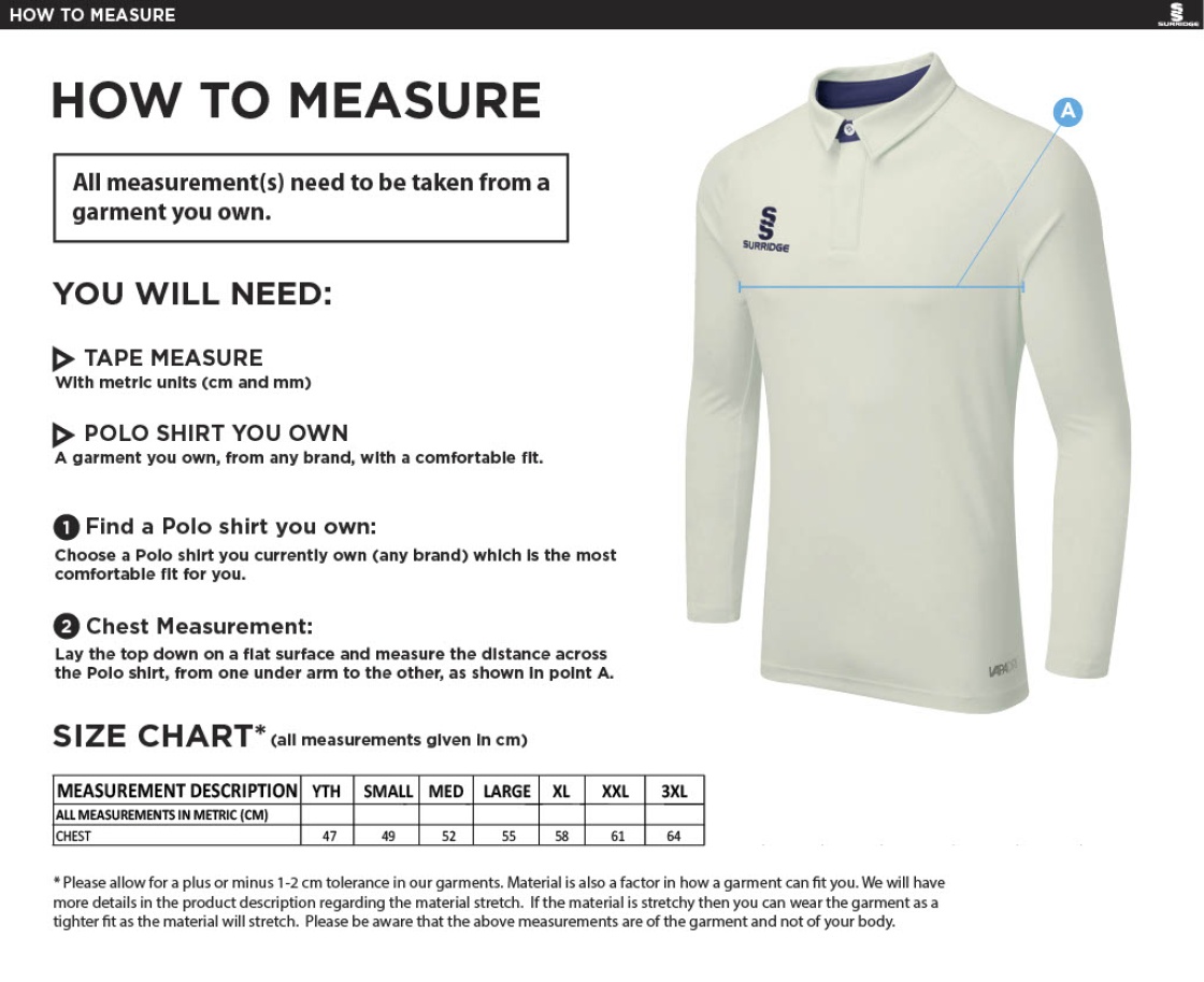 Long Lee CC - Ergo Long Sleeved Playing Shirt - Size Guide